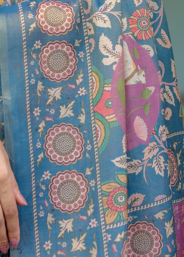 Blue Royal Heritage Cotton Linen Saree