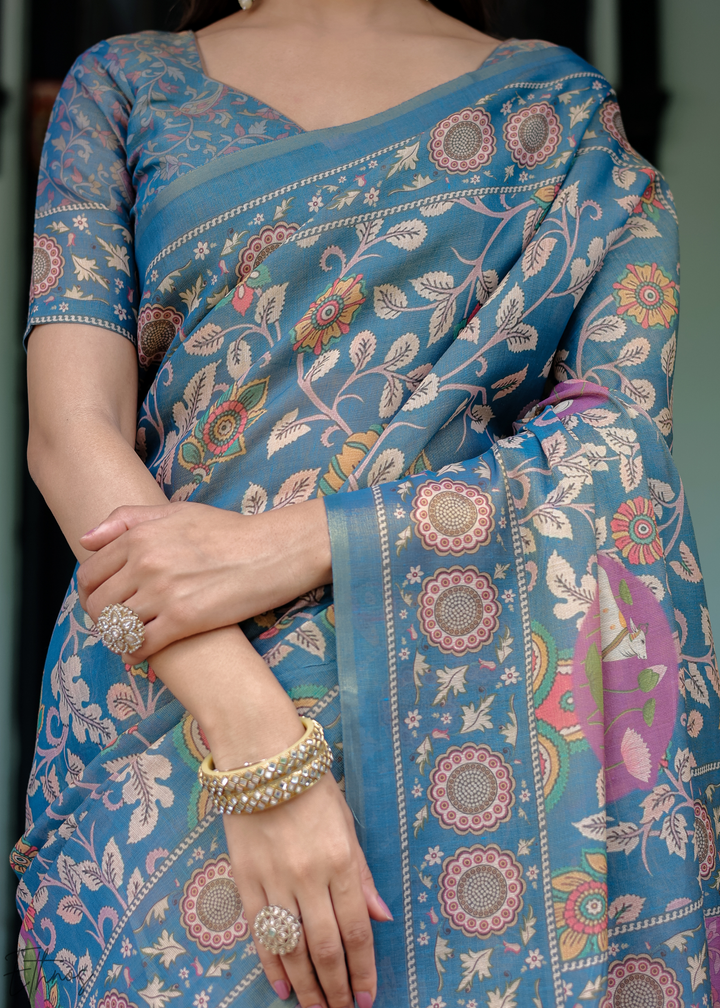 Blue Royal Heritage Cotton Linen Saree