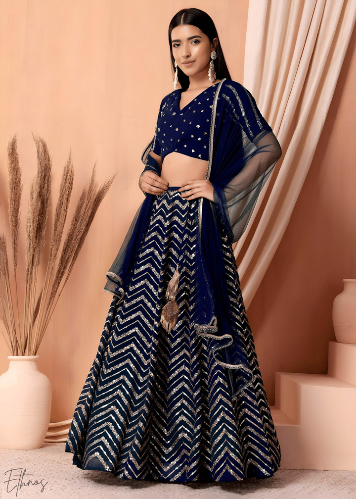 Blue Sequins Chevron Georgette Lehenga