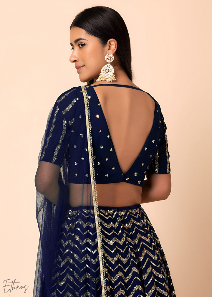 Blue Sequins Chevron Georgette Lehenga