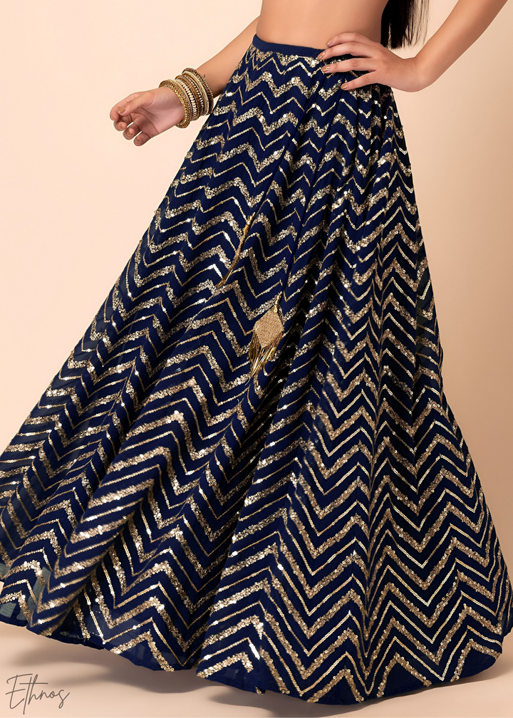 Blue Sequins Chevron Georgette Lehenga