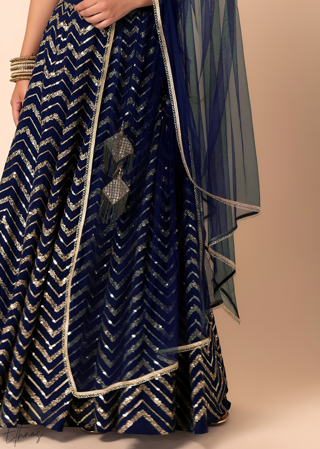 Blue Sequins Chevron Georgette Lehenga
