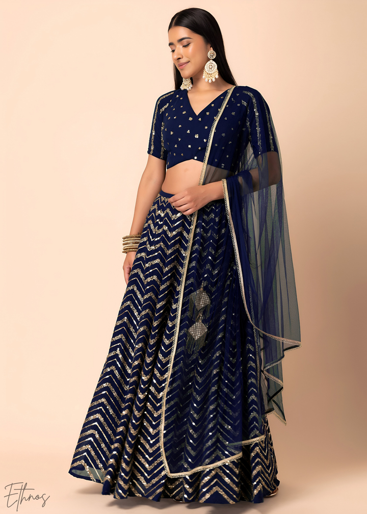Blue Sequins Chevron Georgette Lehenga