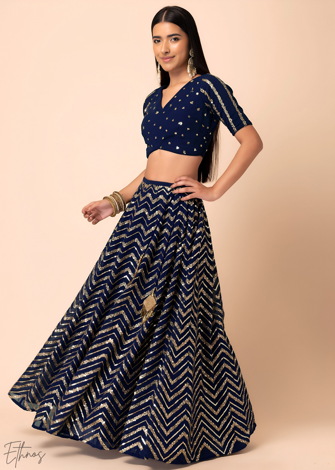 Blue Sequins Chevron Georgette Lehenga