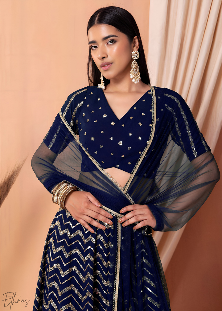 Blue Sequins Chevron Georgette Lehenga