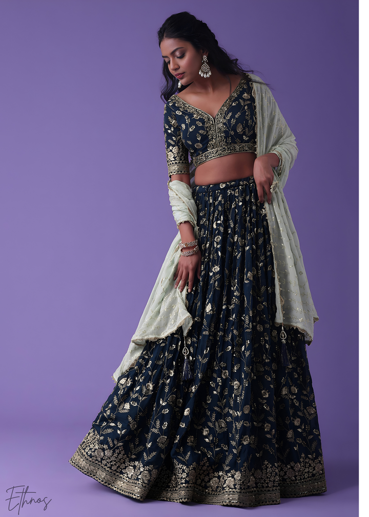 Blue Sequins Georgette Lehenga