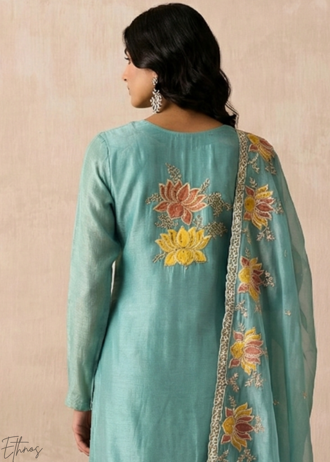 Blue Textured Flora Shimmer Silk Palazzo Suit