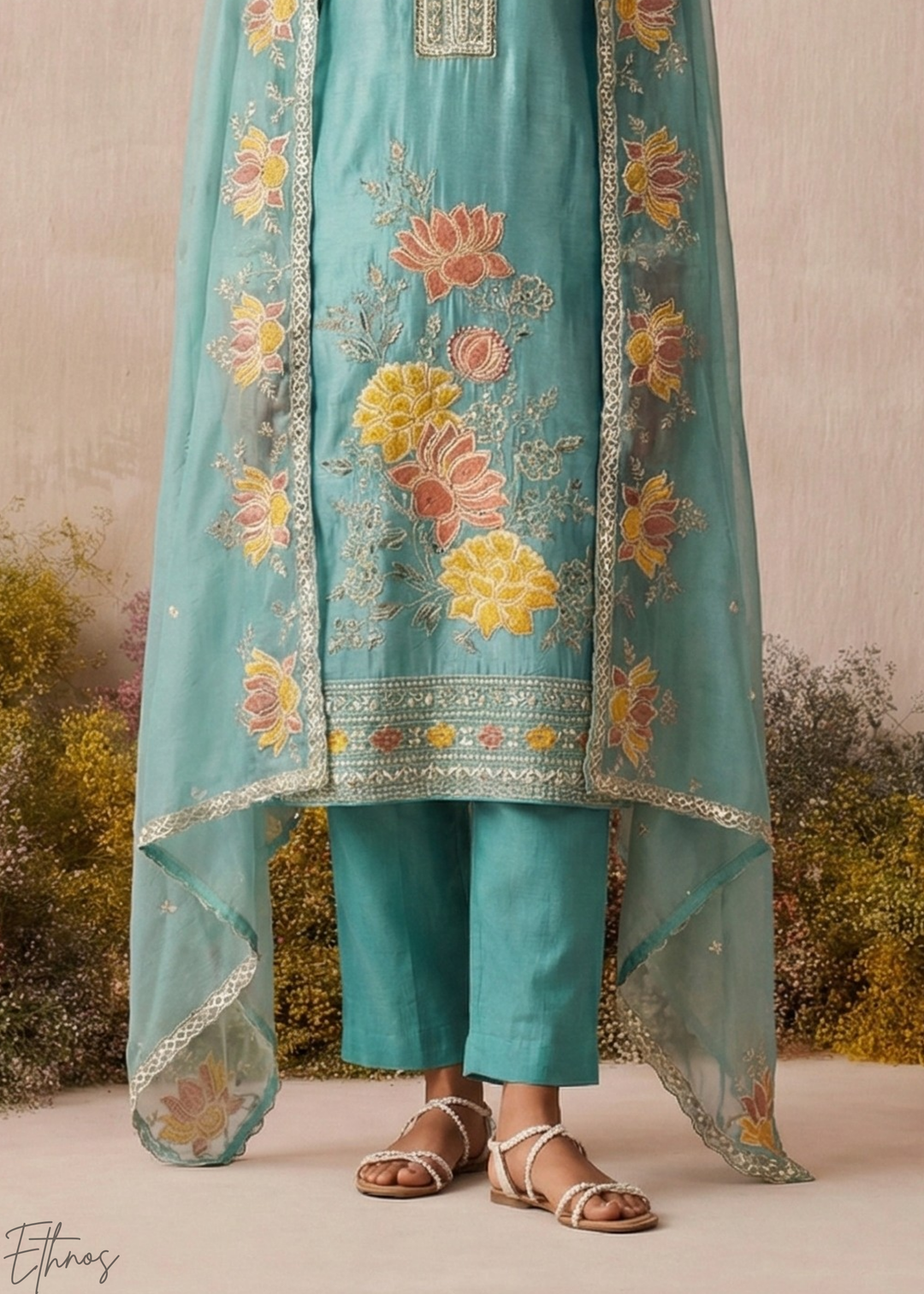 Blue Textured Flora Shimmer Silk Palazzo Suit