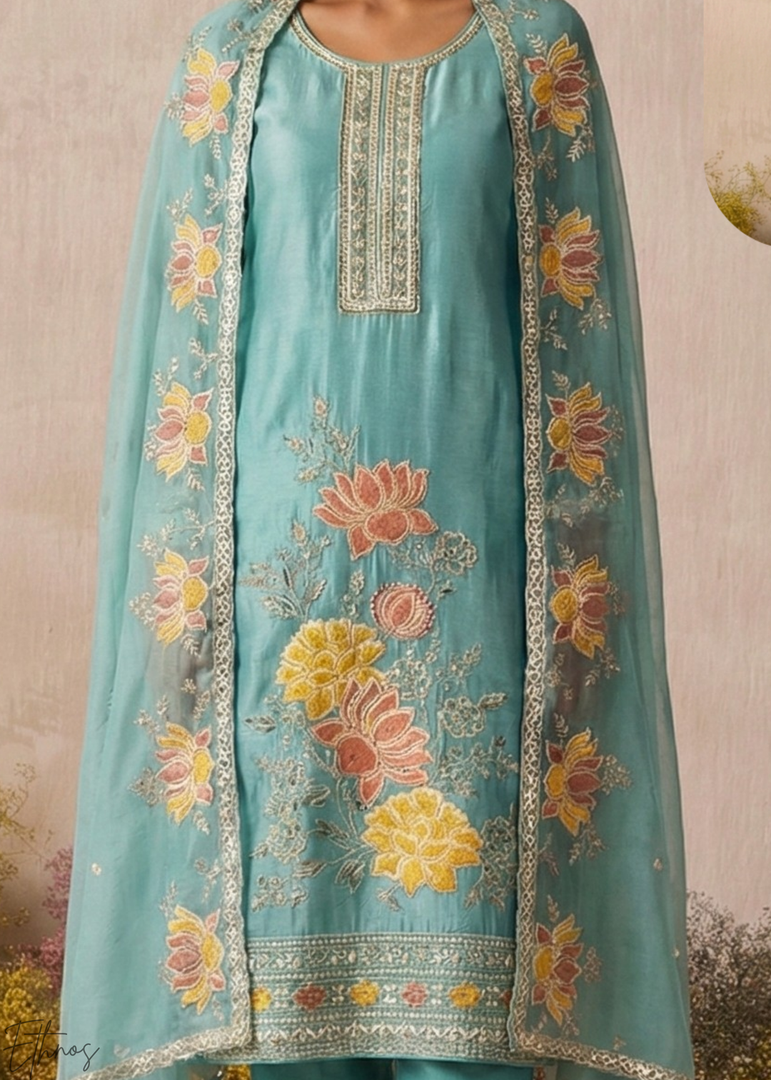 Blue Textured Flora Shimmer Silk Palazzo Suit