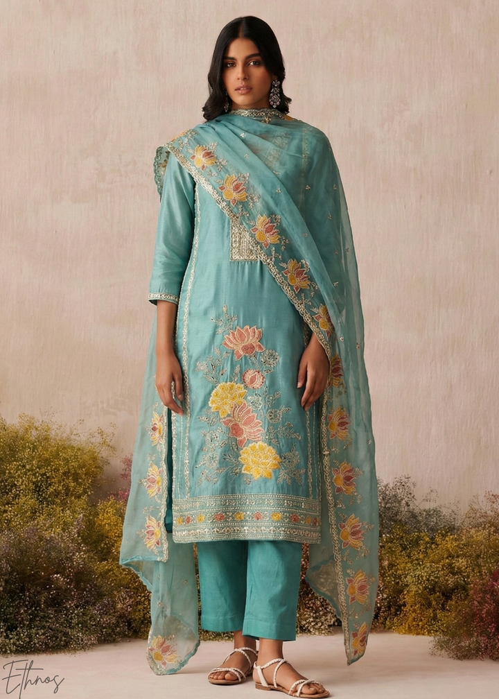 Blue Textured Flora Shimmer Silk Palazzo Suit