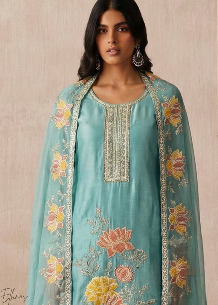 Blue Textured Flora Shimmer Silk Palazzo Suit