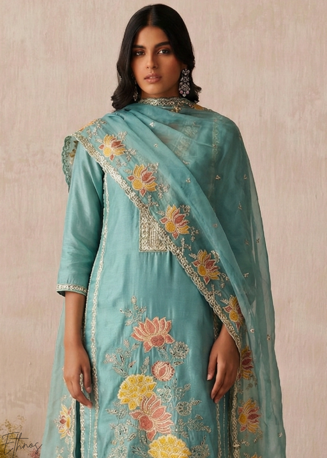 Blue Textured Flora Shimmer Silk Palazzo Suit