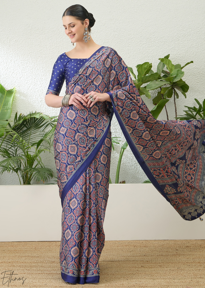 Blue Topaz Ajrakh Print Modal Silk Saree