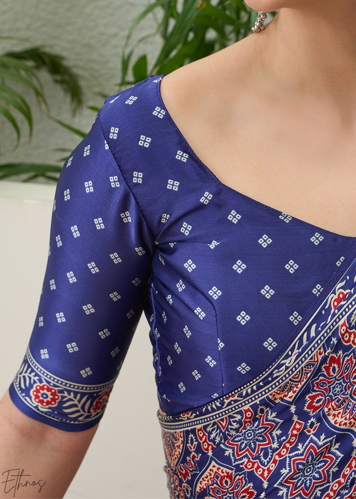Blue Topaz Ajrakh Print Modal Silk Saree