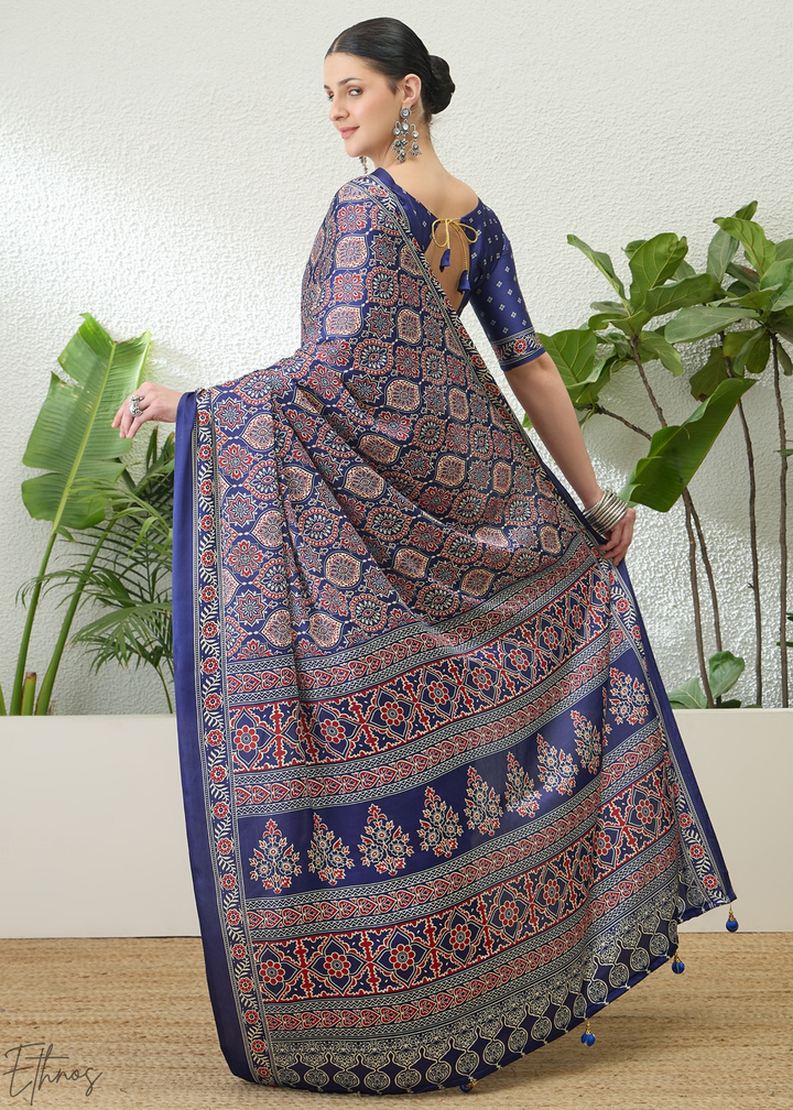Blue Topaz Ajrakh Print Modal Silk Saree
