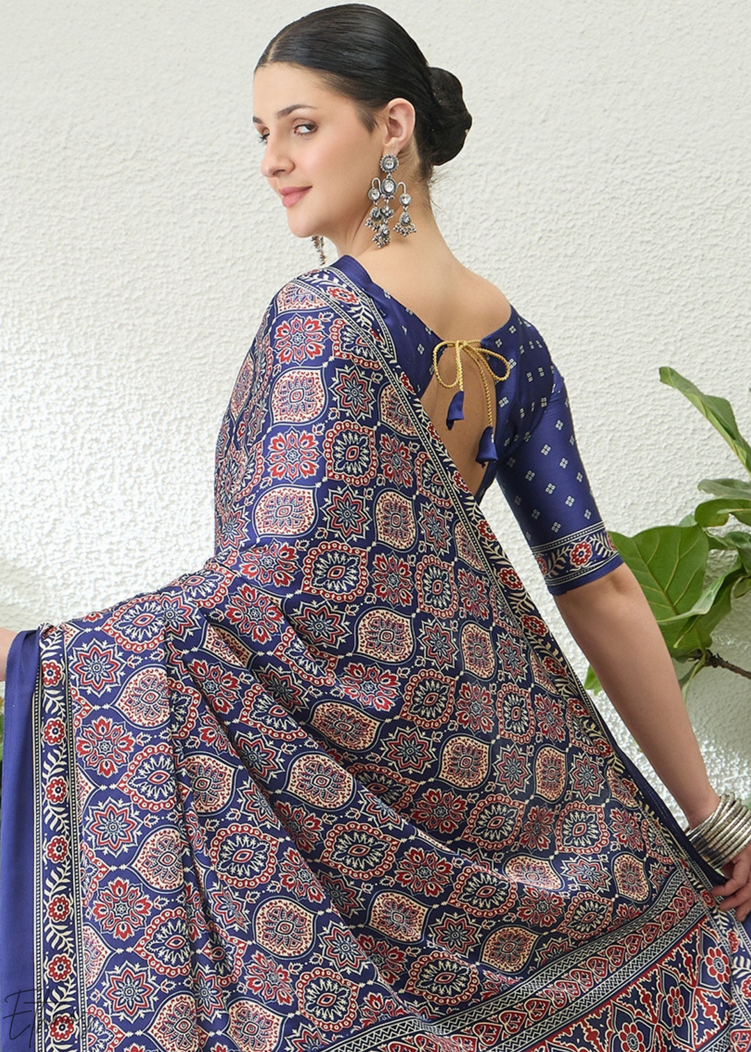 Blue Topaz Ajrakh Print Modal Silk Saree