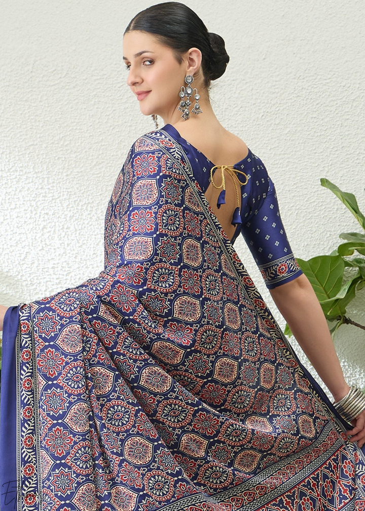 Blue Topaz Ajrakh Print Modal Silk Saree