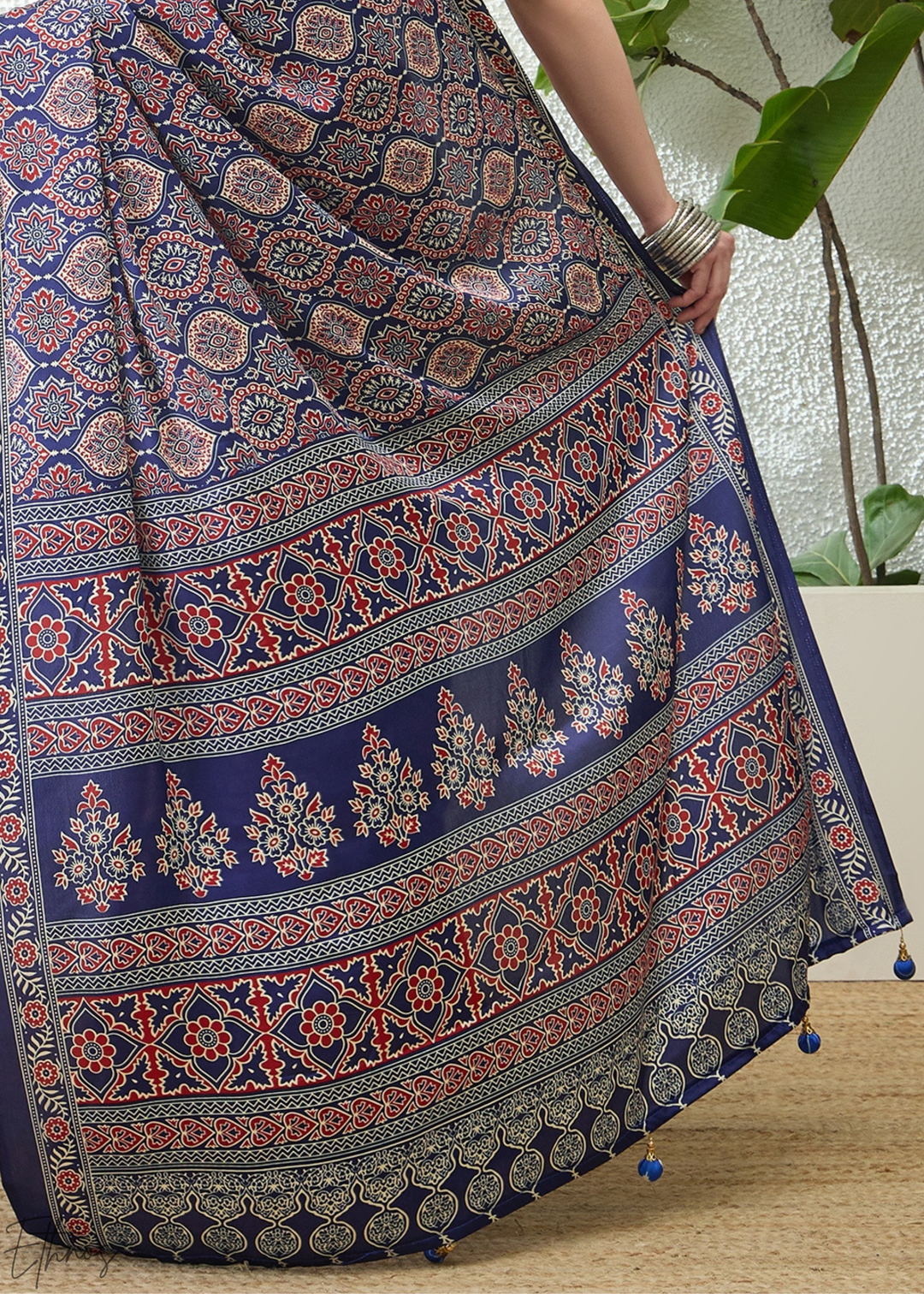 Blue Topaz Ajrakh Print Modal Silk Saree