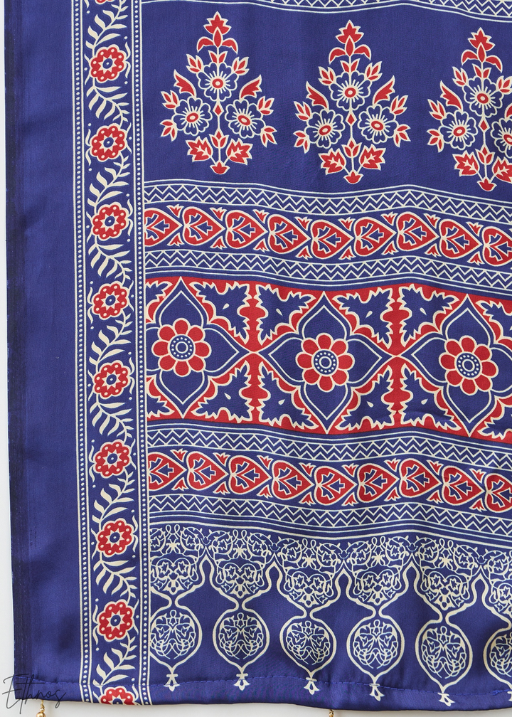 Blue Topaz Ajrakh Print Modal Silk Saree