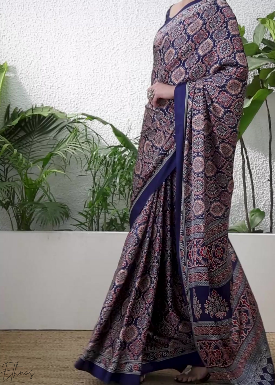 Blue Topaz Ajrakh Print Modal Silk Saree