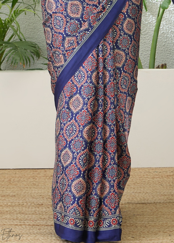 Blue Topaz Ajrakh Print Modal Silk Saree