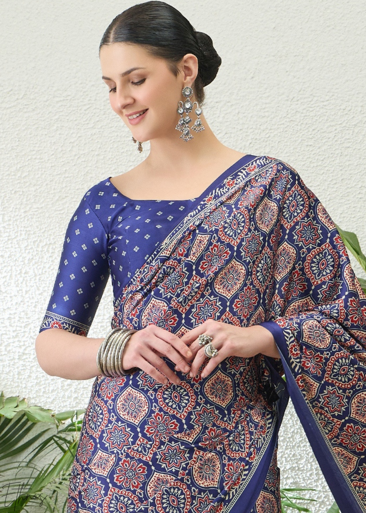 Blue Topaz Ajrakh Print Modal Silk Saree
