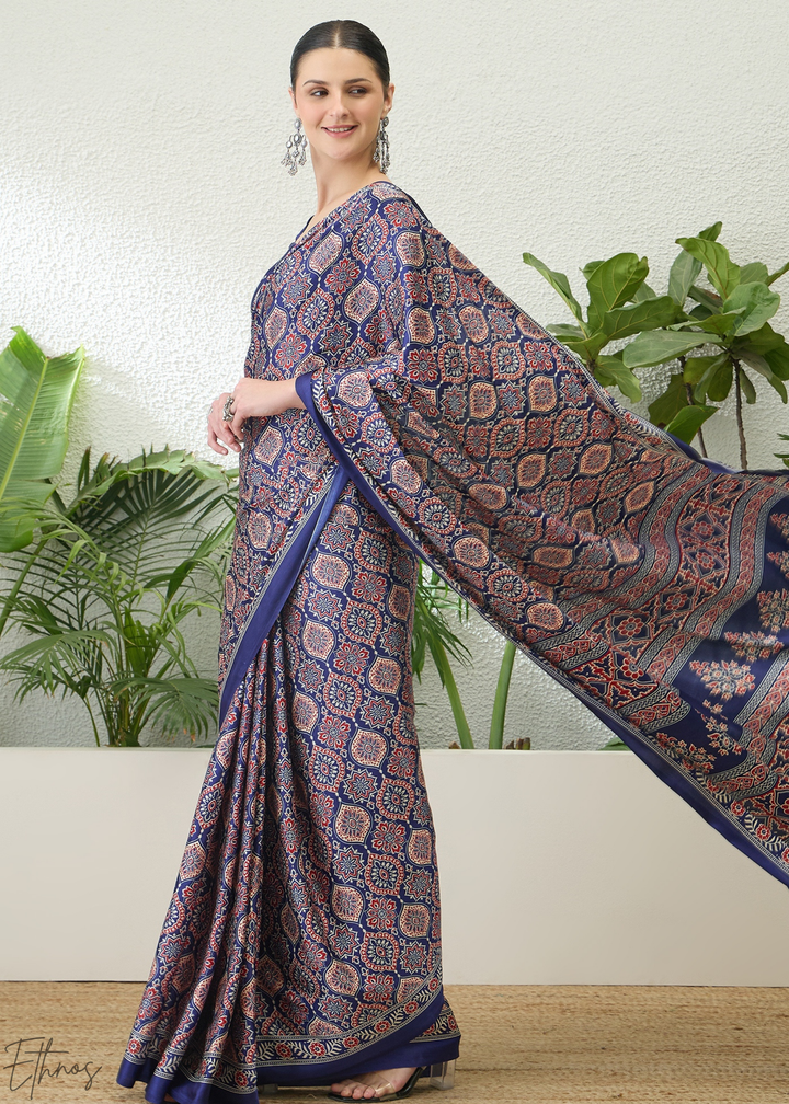Blue Topaz Ajrakh Print Modal Silk Saree