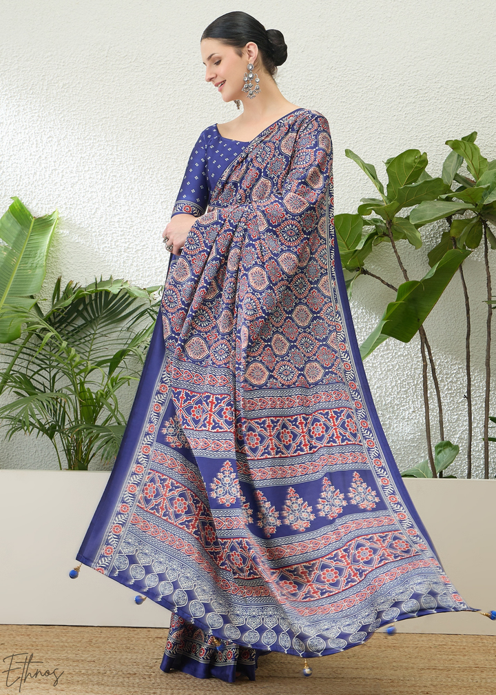 Blue Topaz Ajrakh Print Modal Silk Saree