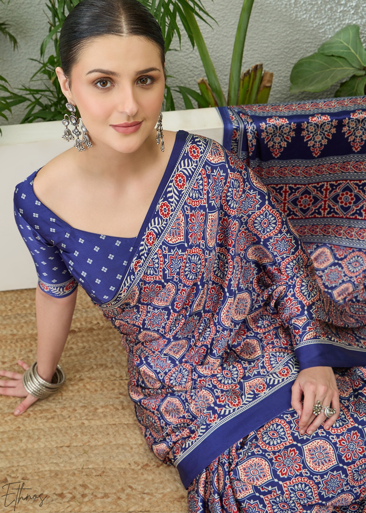 Blue Topaz Ajrakh Print Modal Silk Saree