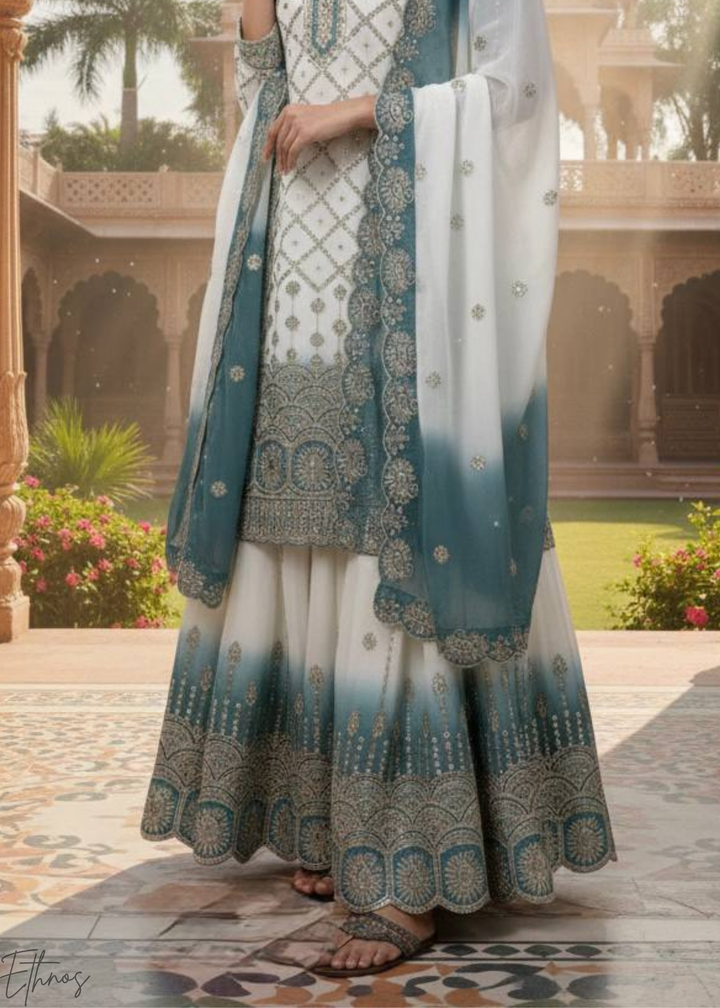 Blue White Georgette Palazzo Suit