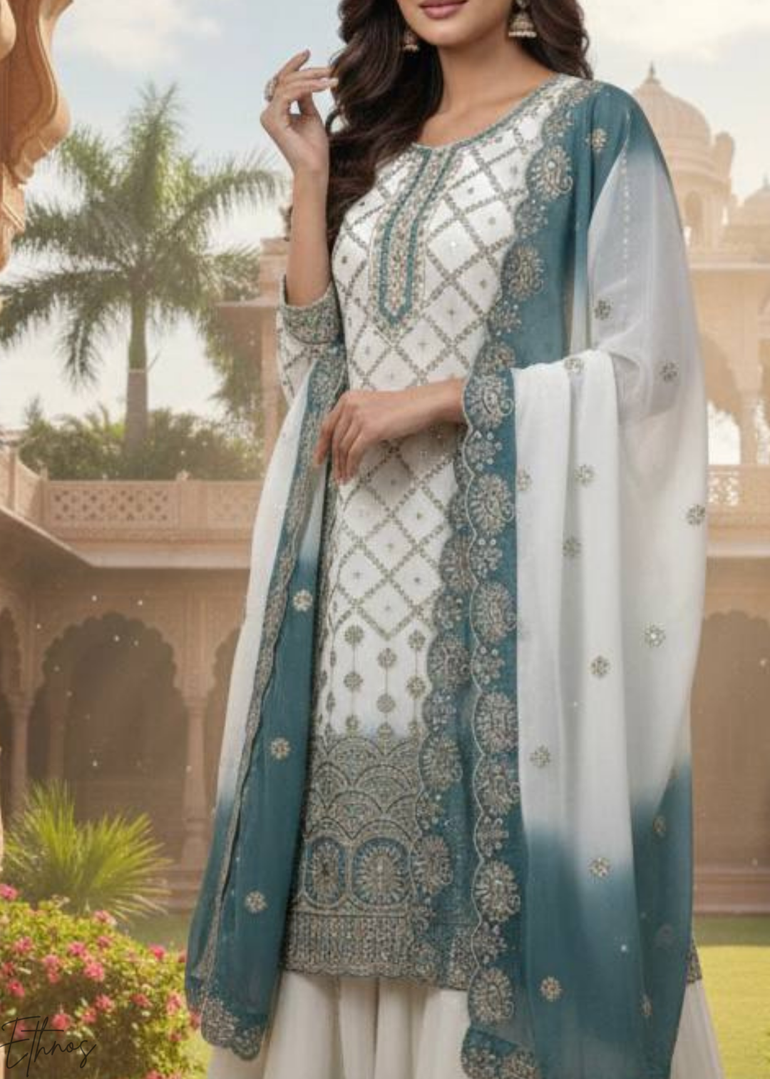 Blue White Georgette Palazzo Suit