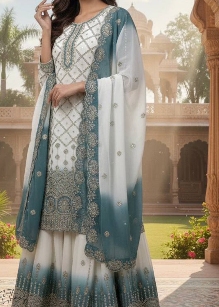 Blue White Georgette Palazzo Suit
