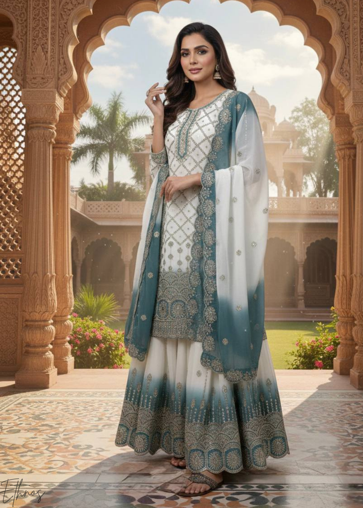 Blue White Georgette Palazzo Suit