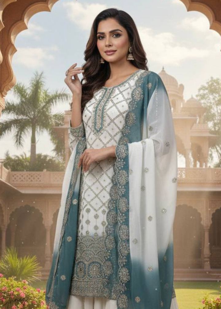 Blue White Georgette Palazzo Suit