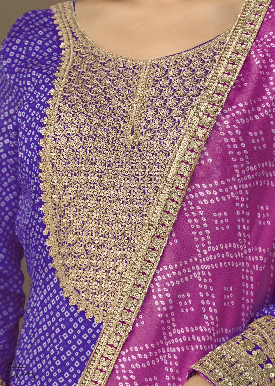 Regal Blue Bandhani Chinon Gown Set