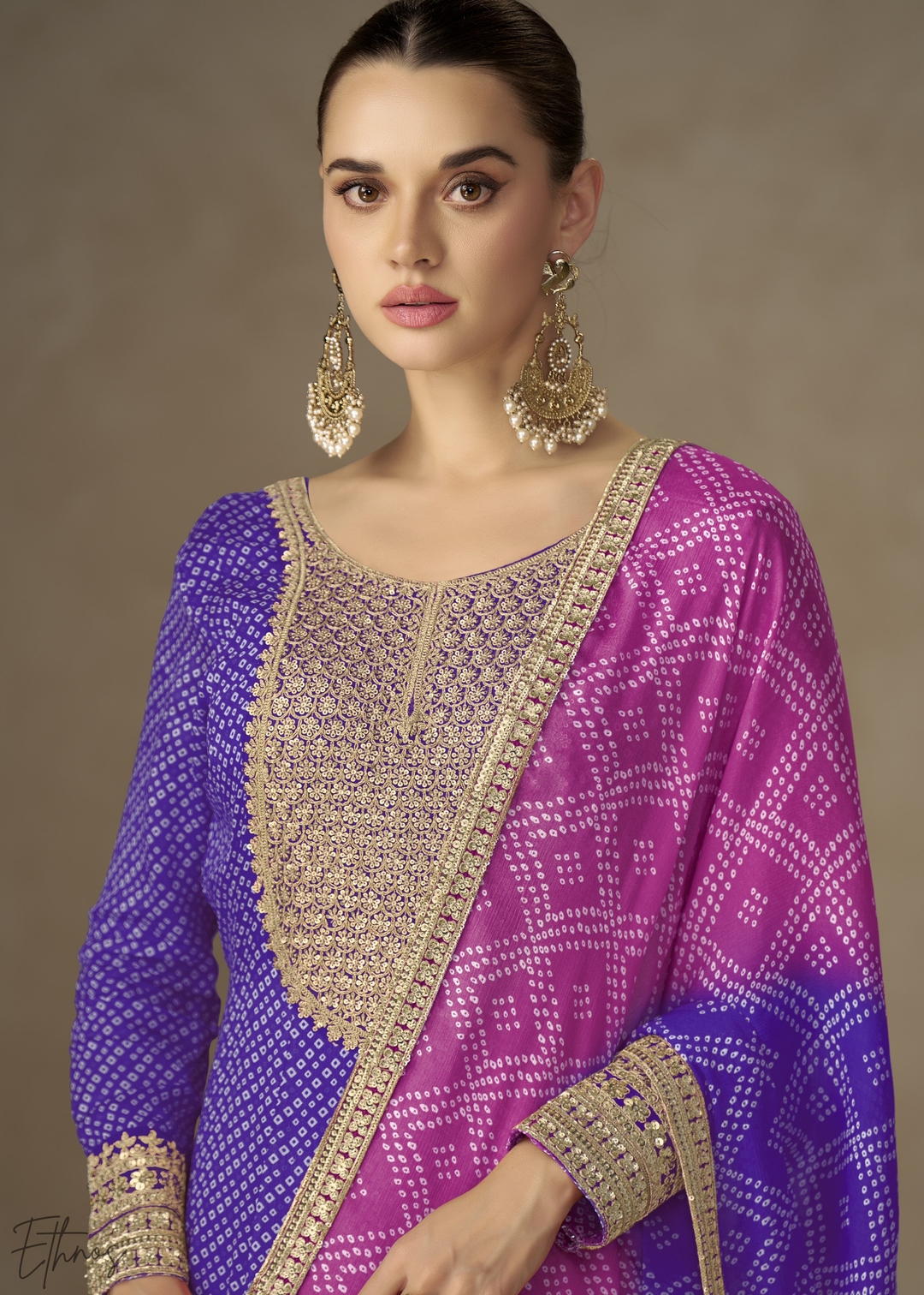 Regal Blue Bandhani Chinon Gown Set