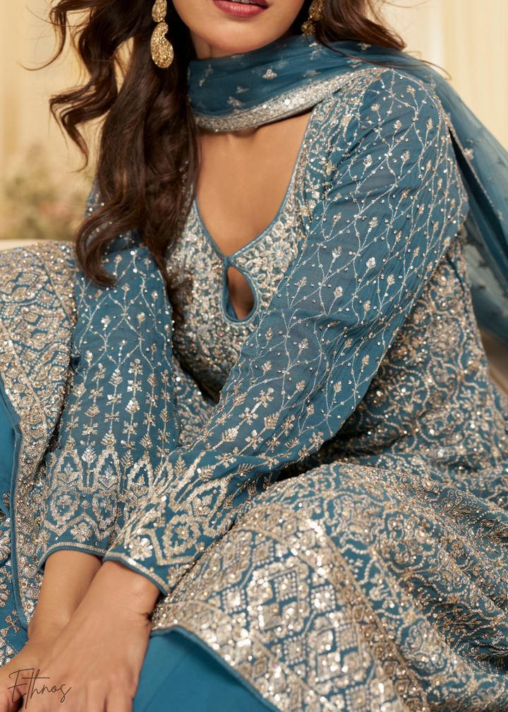 Blue Georgette Anarkali Palazzo Suit