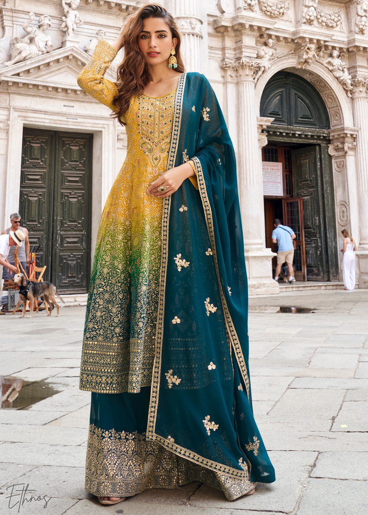 Blue & Mustard Jacquard Silk Palazzo Suit