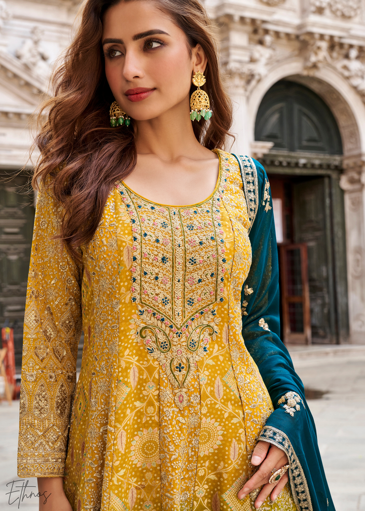 Blue & Mustard Jacquard Silk Palazzo Suit