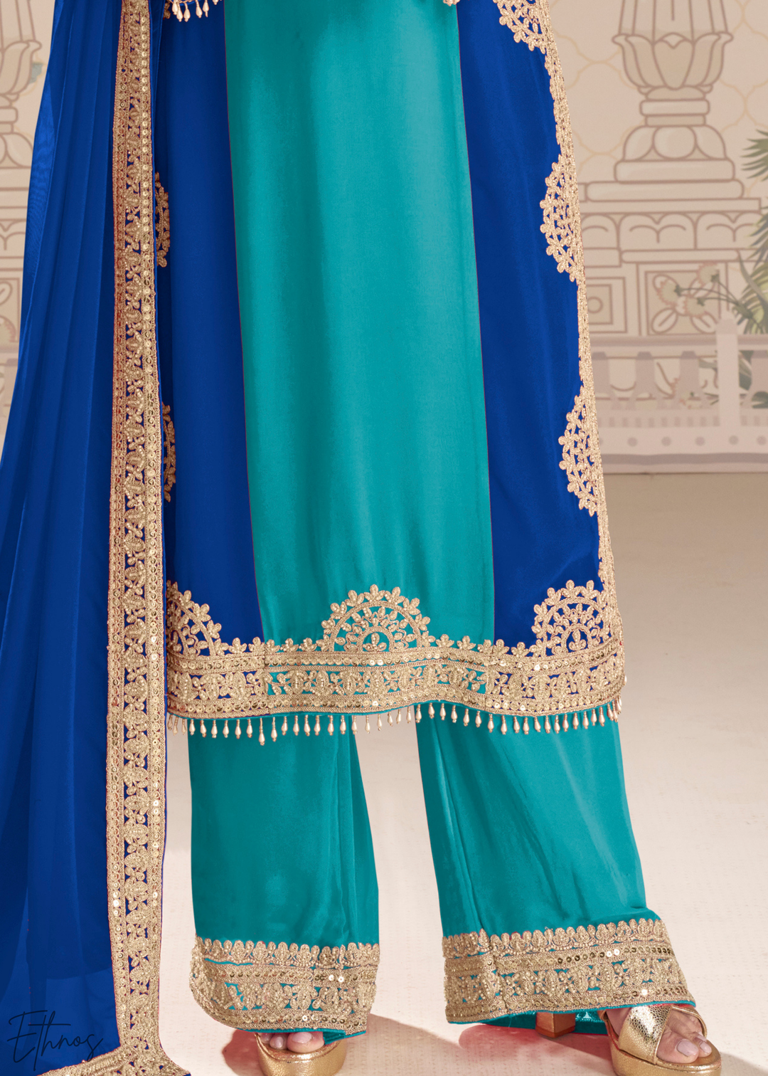 Cyan-Royal Panelled Georgette Palazzo Suit