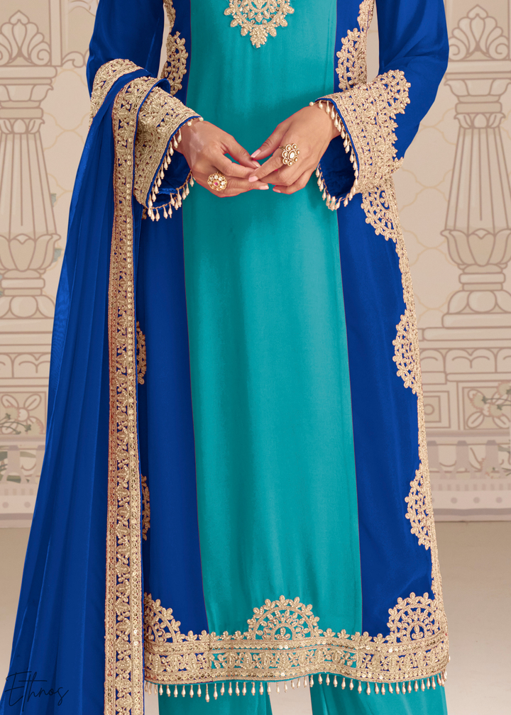 Cyan-Royal Panelled Georgette Palazzo Suit