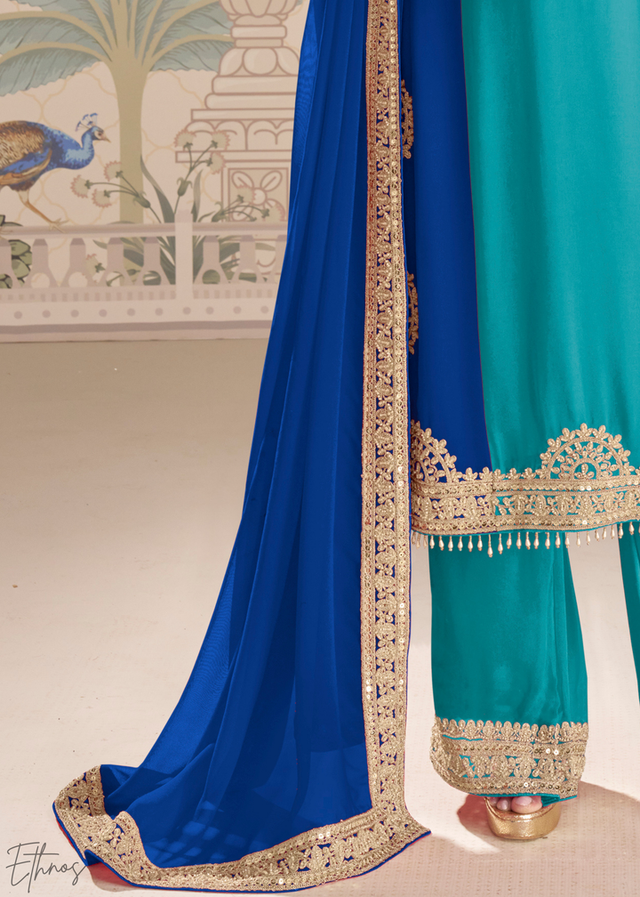 Cyan-Royal Panelled Georgette Palazzo Suit