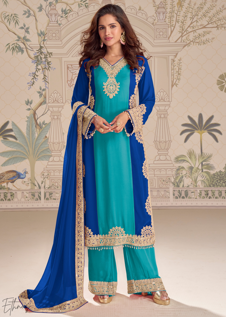 Cyan-Royal Panelled Georgette Palazzo Suit