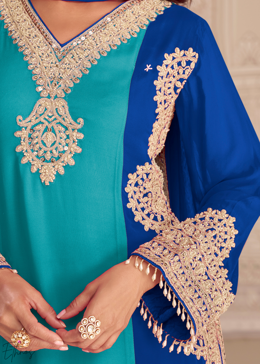 Cyan-Royal Panelled Georgette Palazzo Suit