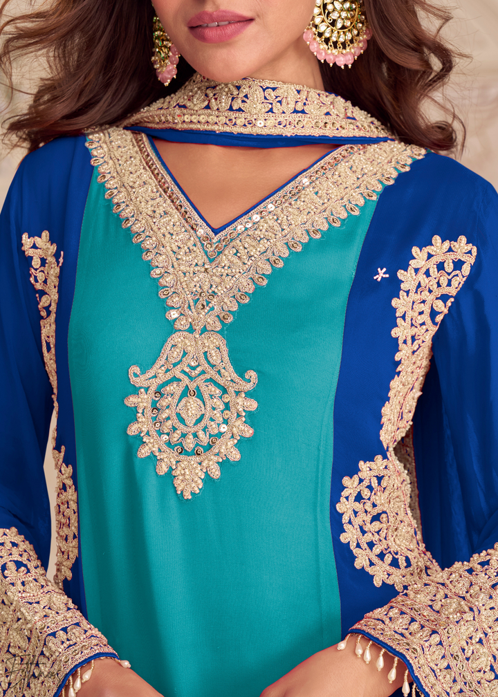 Cyan-Royal Panelled Georgette Palazzo Suit