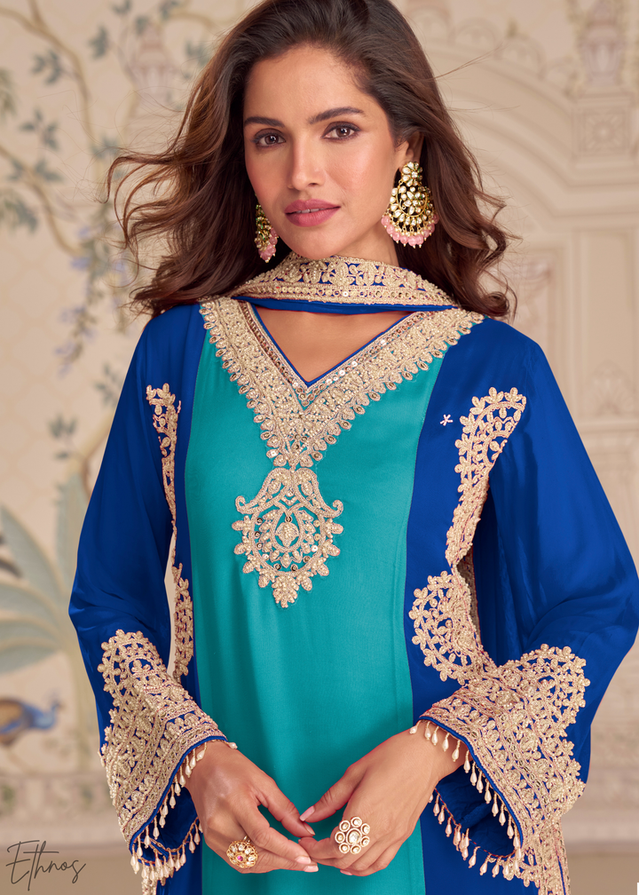 Cyan-Royal Panelled Georgette Palazzo Suit