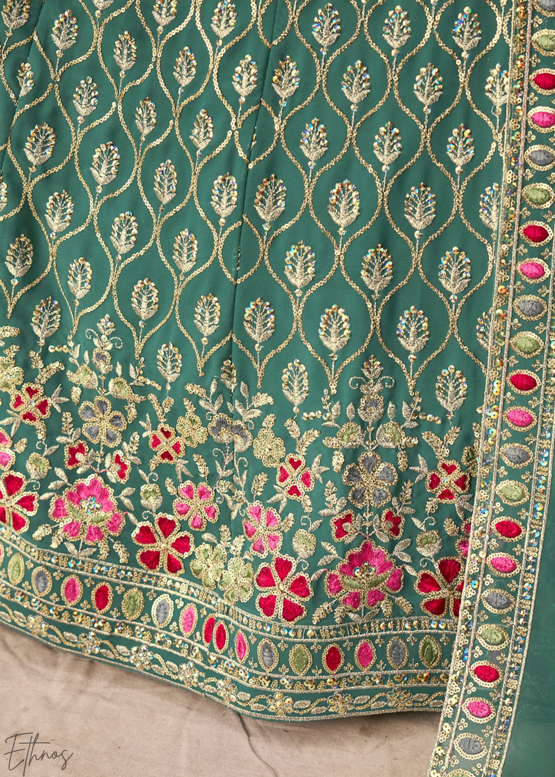 Teal Blue Sequins Embroidered Georgette Lehenga