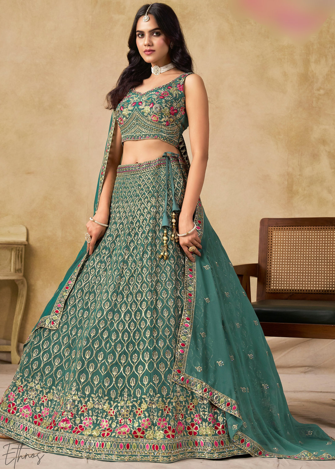 Teal Blue Sequins Embroidered Georgette Lehenga
