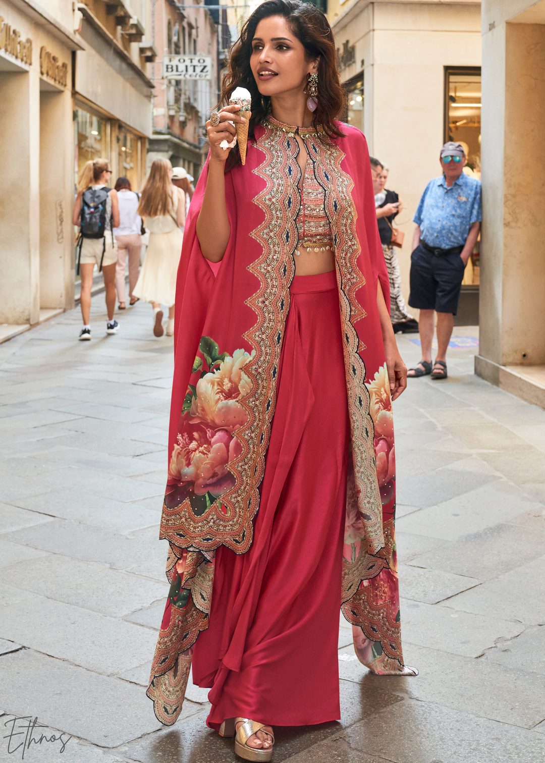 Blush Crepe Floral Cape & Draped Saree-Skirt Set