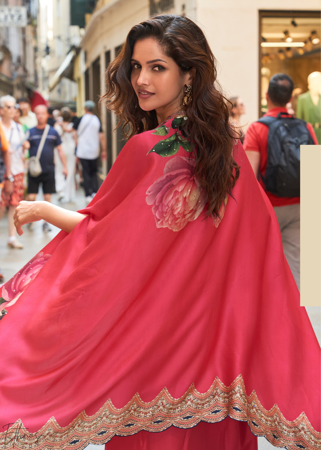 Blush Crepe Floral Cape & Draped Saree-Skirt Set